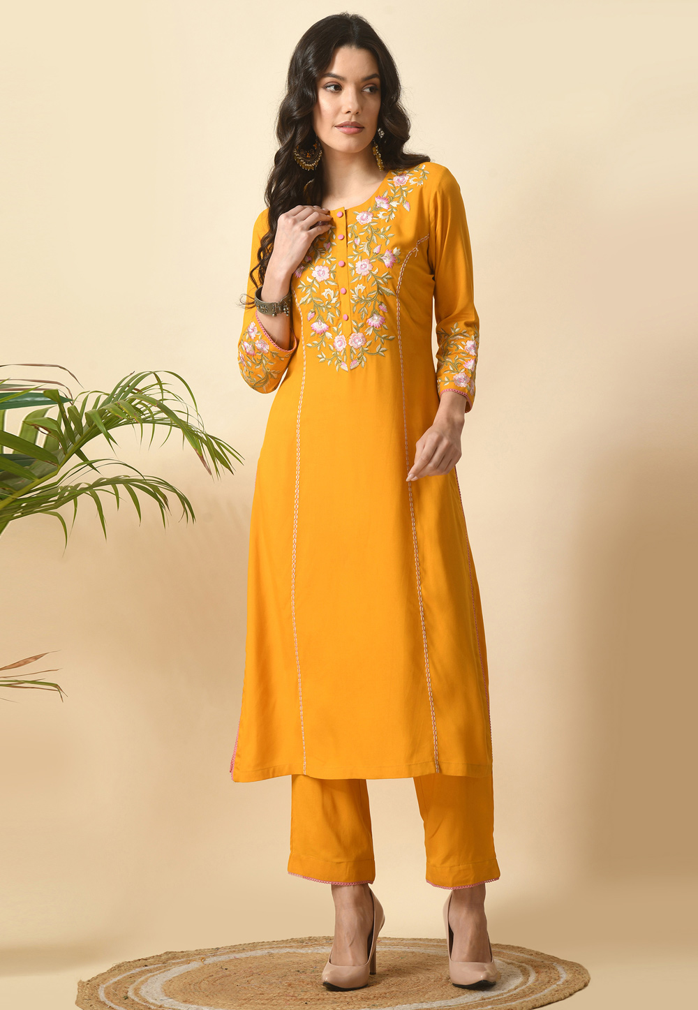 Mustard Cotton Rayon Kurta Set With Pent 305484