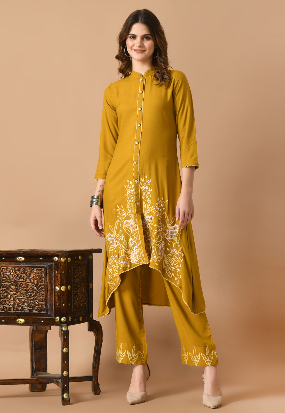 Mustard Cotton Rayon Kurta Set With Pent 305492