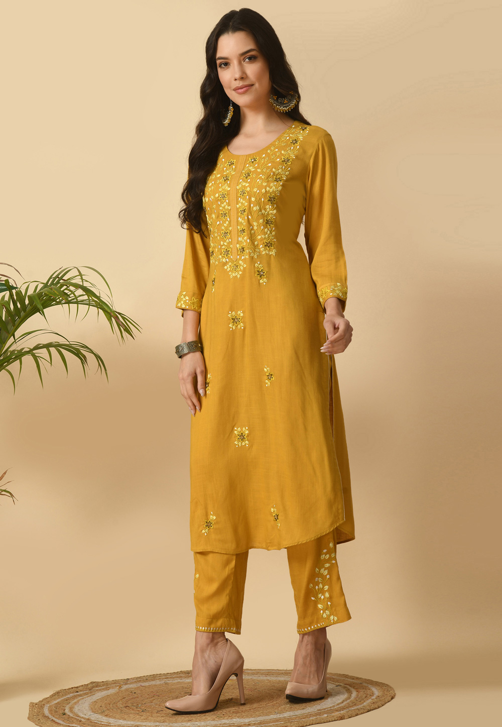 Mustard Cotton Rayon Kurta Set With Pent 305497