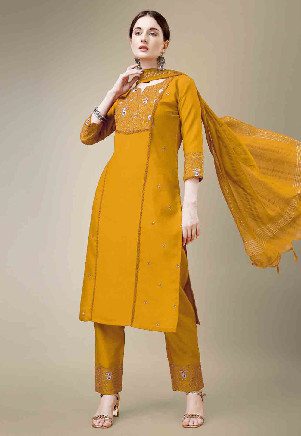 Mustard Cotton Readymade Pakistani Suit 280843