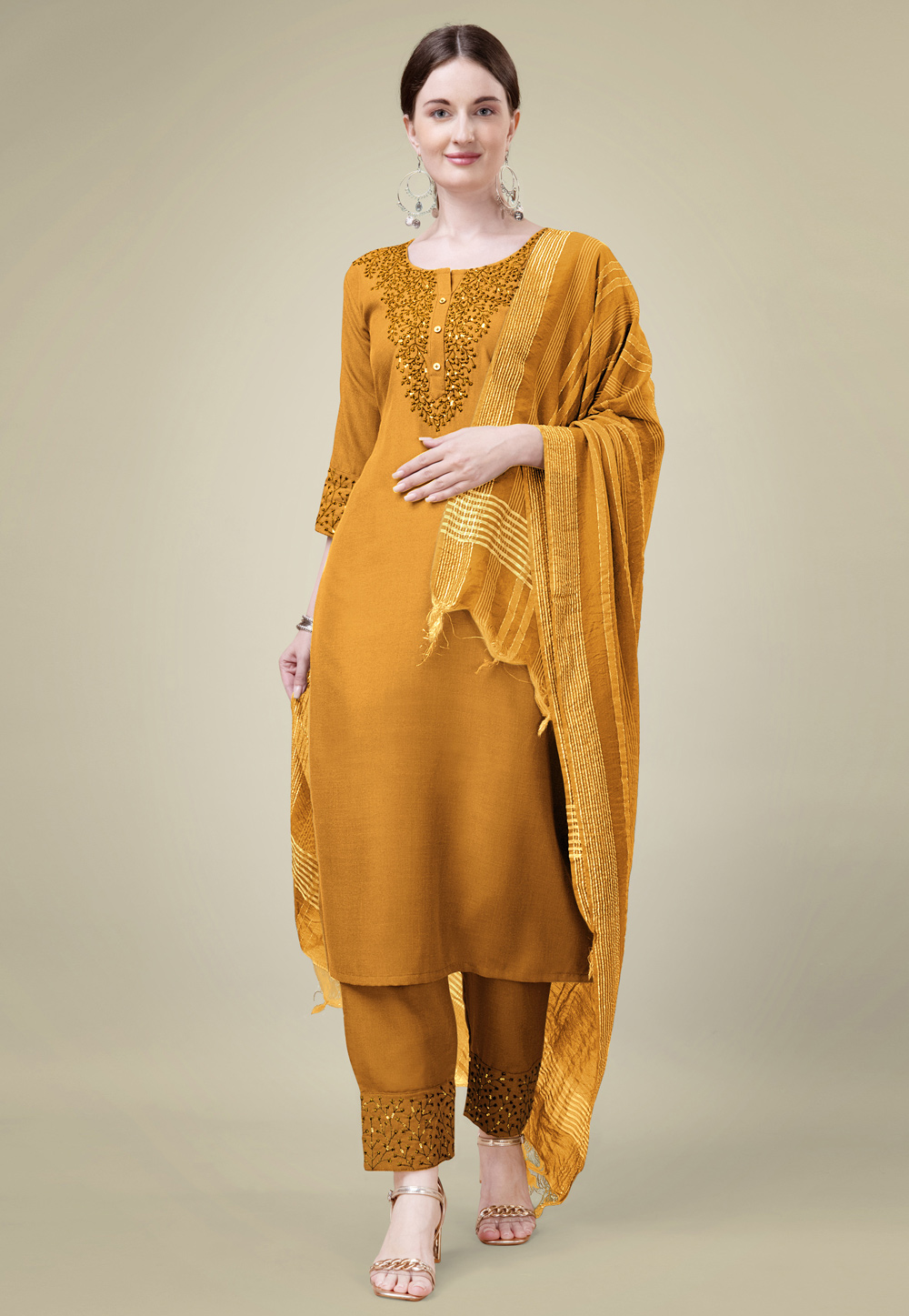 Mustard Cotton Readymade Pakistani Suit 284731
