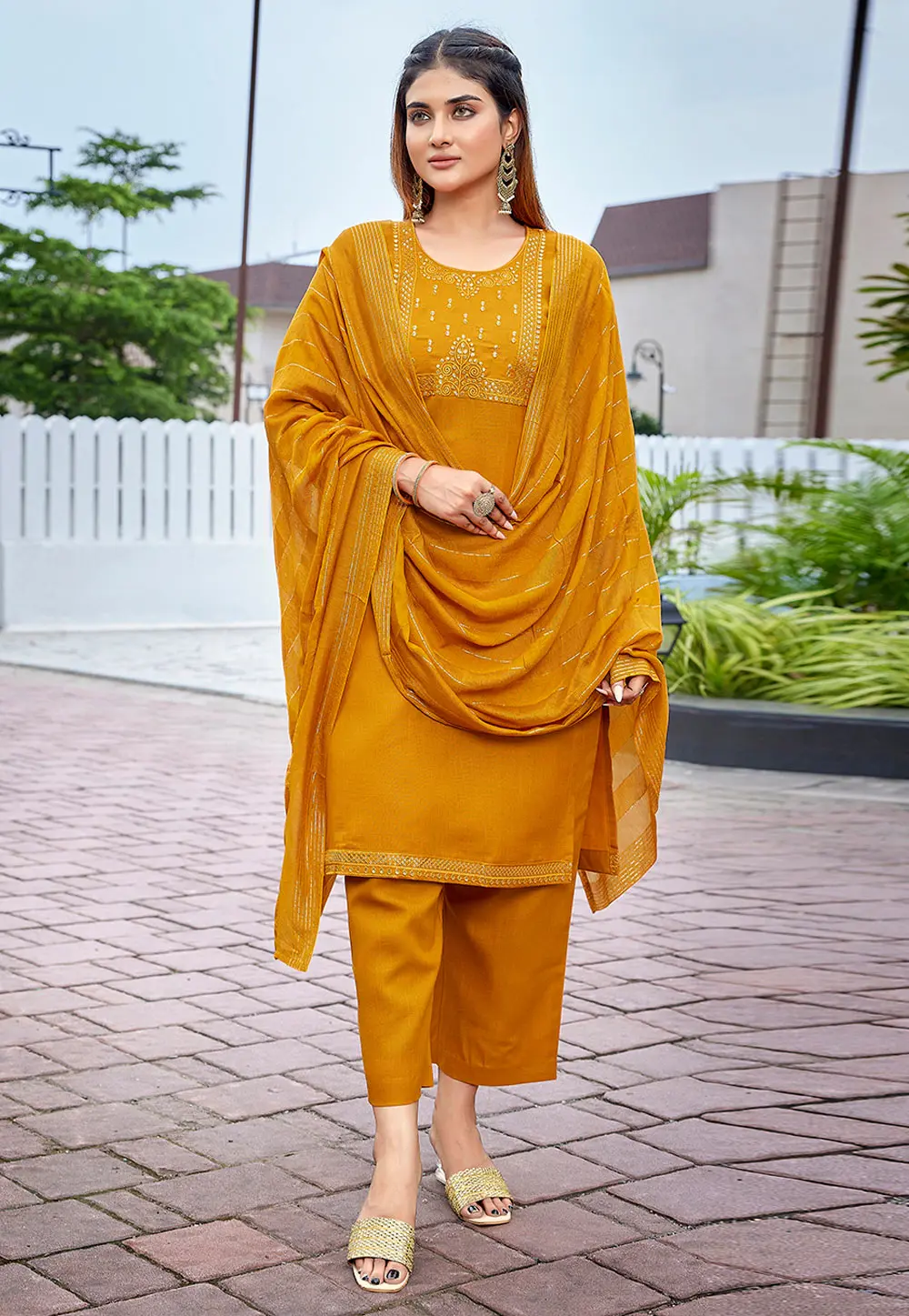 Mustard Cotton Readymade Pakistani Suit 303209