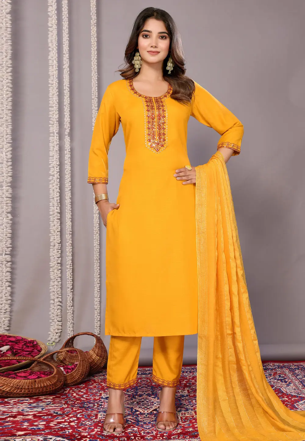 Mustard Cotton Readymade Pakistani Suit 303222