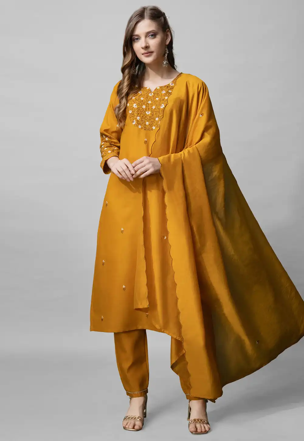 Mustard Cotton Readymade Pant Style Suit 290723