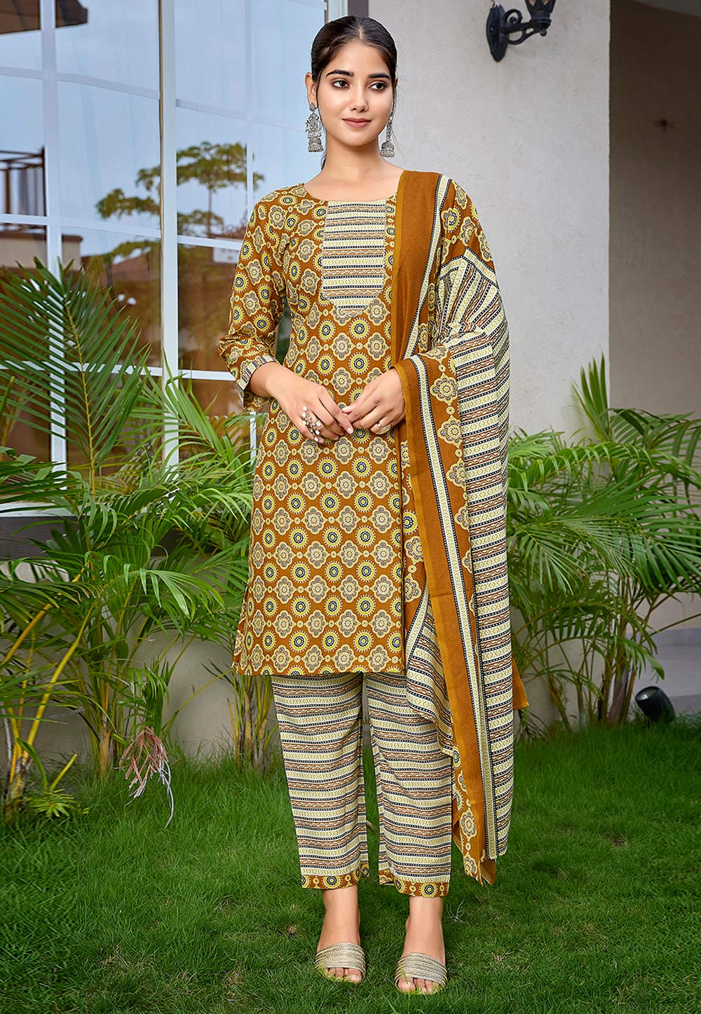 Mustard Cotton Readymade Pant Style Suit 305870