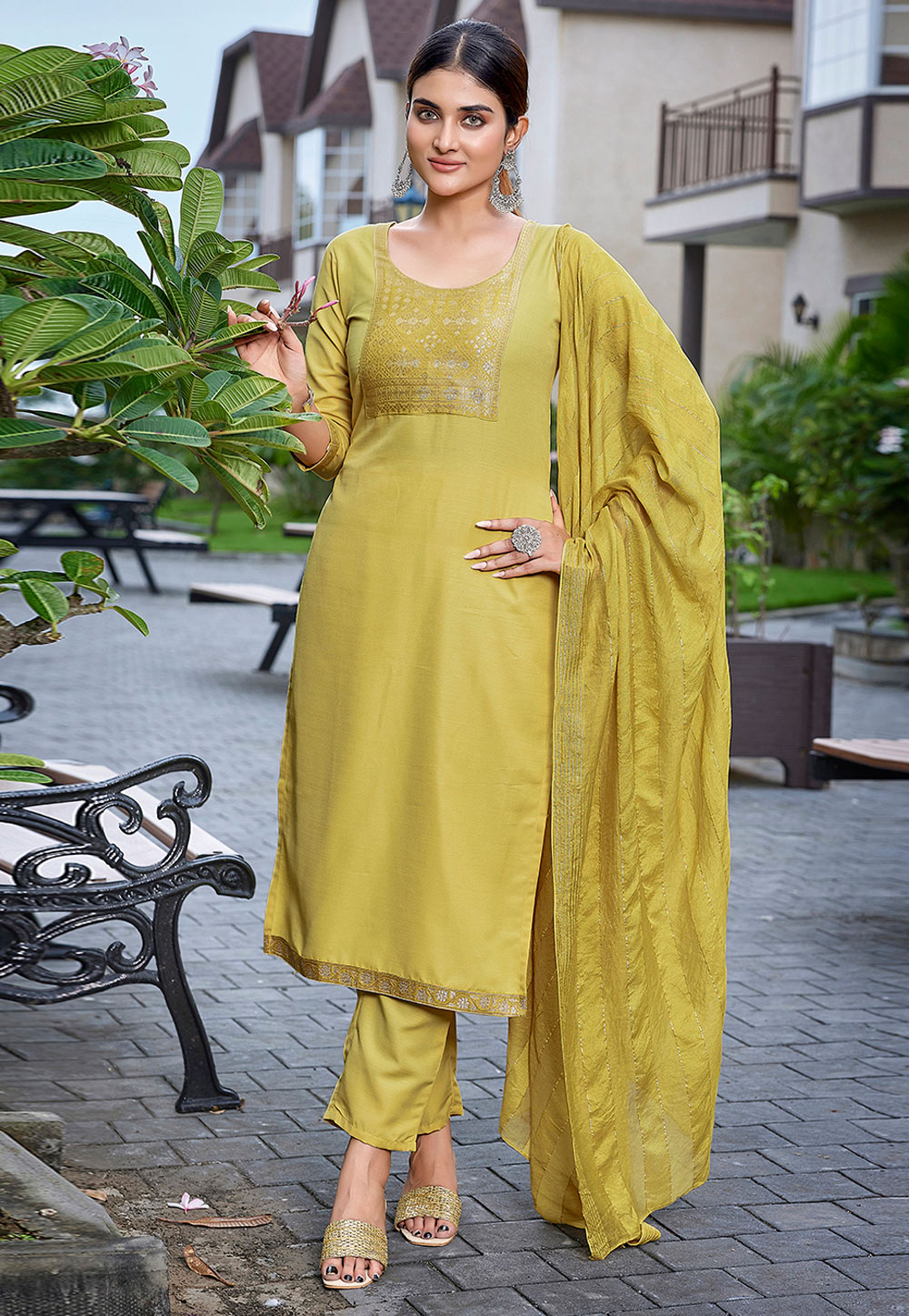 Mustard Cotton Readymade Pant Style Suit 305878