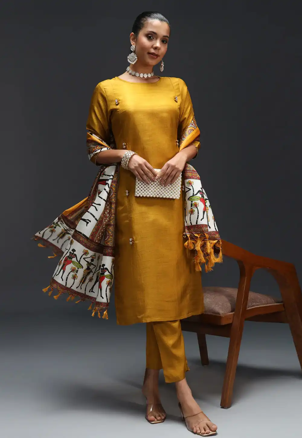 Mustard Cotton Silk Readymade Pant Style Suit 288501