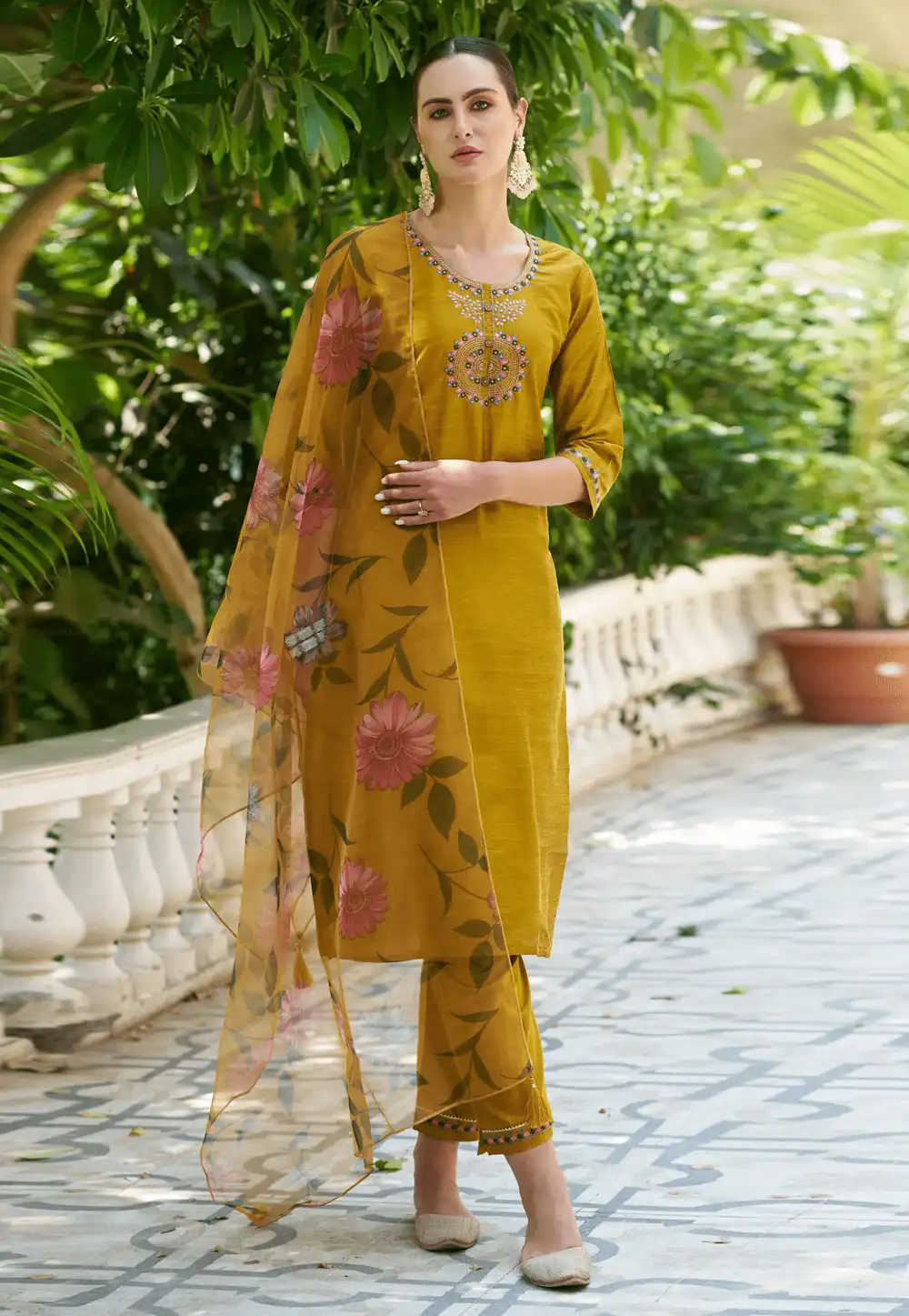 Mustard Cotton Silk Readymade Pant Style Suit 289372