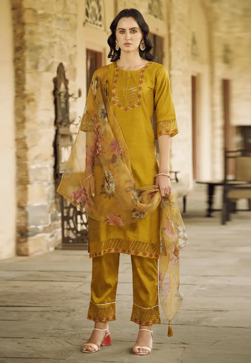 Mustard Cotton Silk Readymade Pant Style Suit 289374