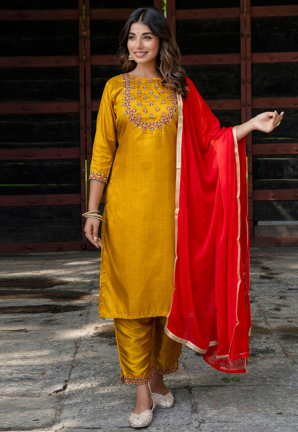Mustard Cotton Silk Readymade Pant Style Suit 310317