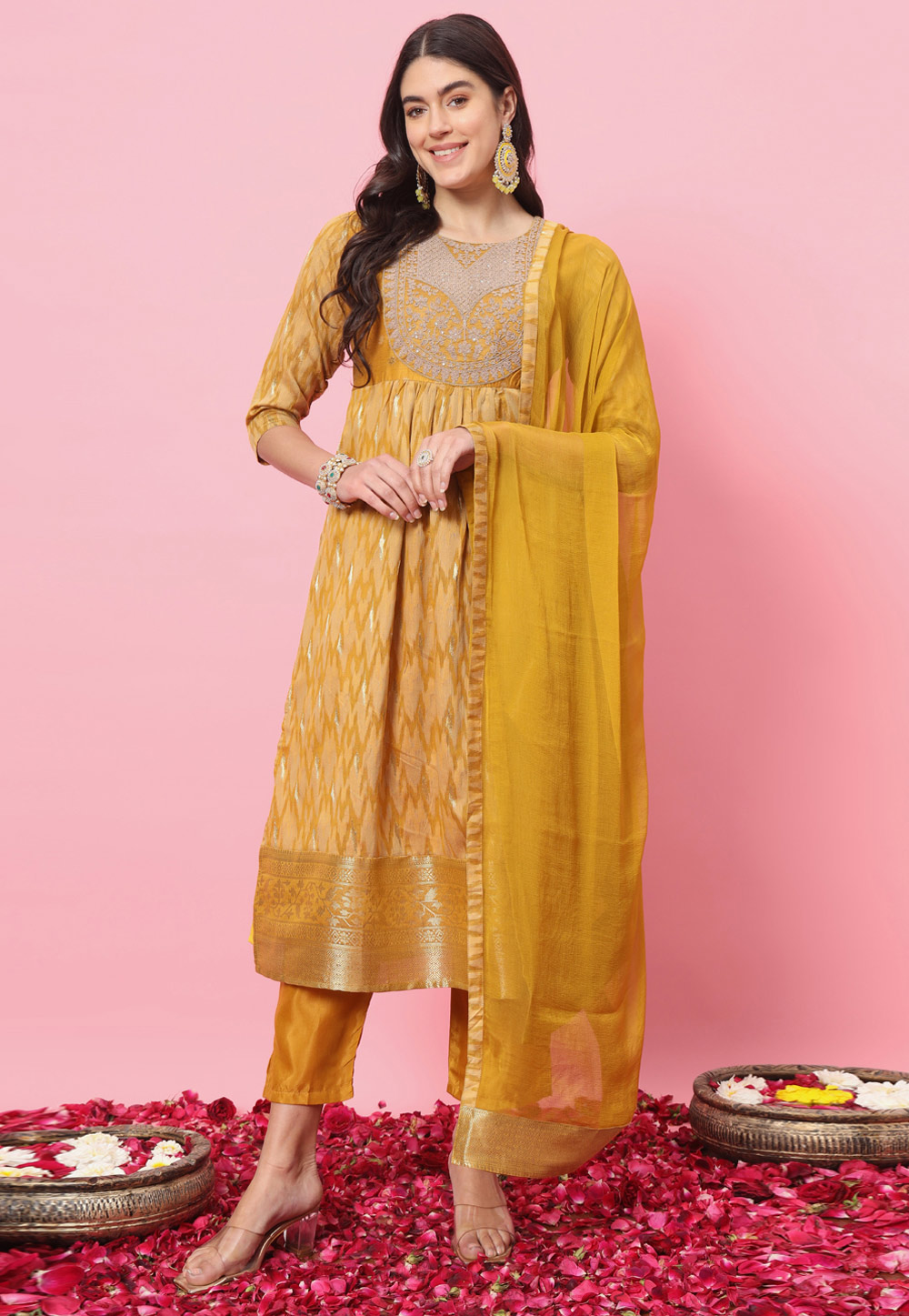 Mustard Cotton Silk Readymade Pant Style Suit 310038