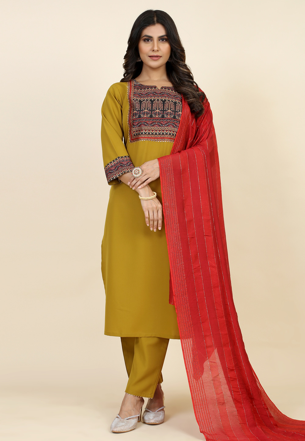 Mustard Crepe Readymade Pant Style Suit 283176