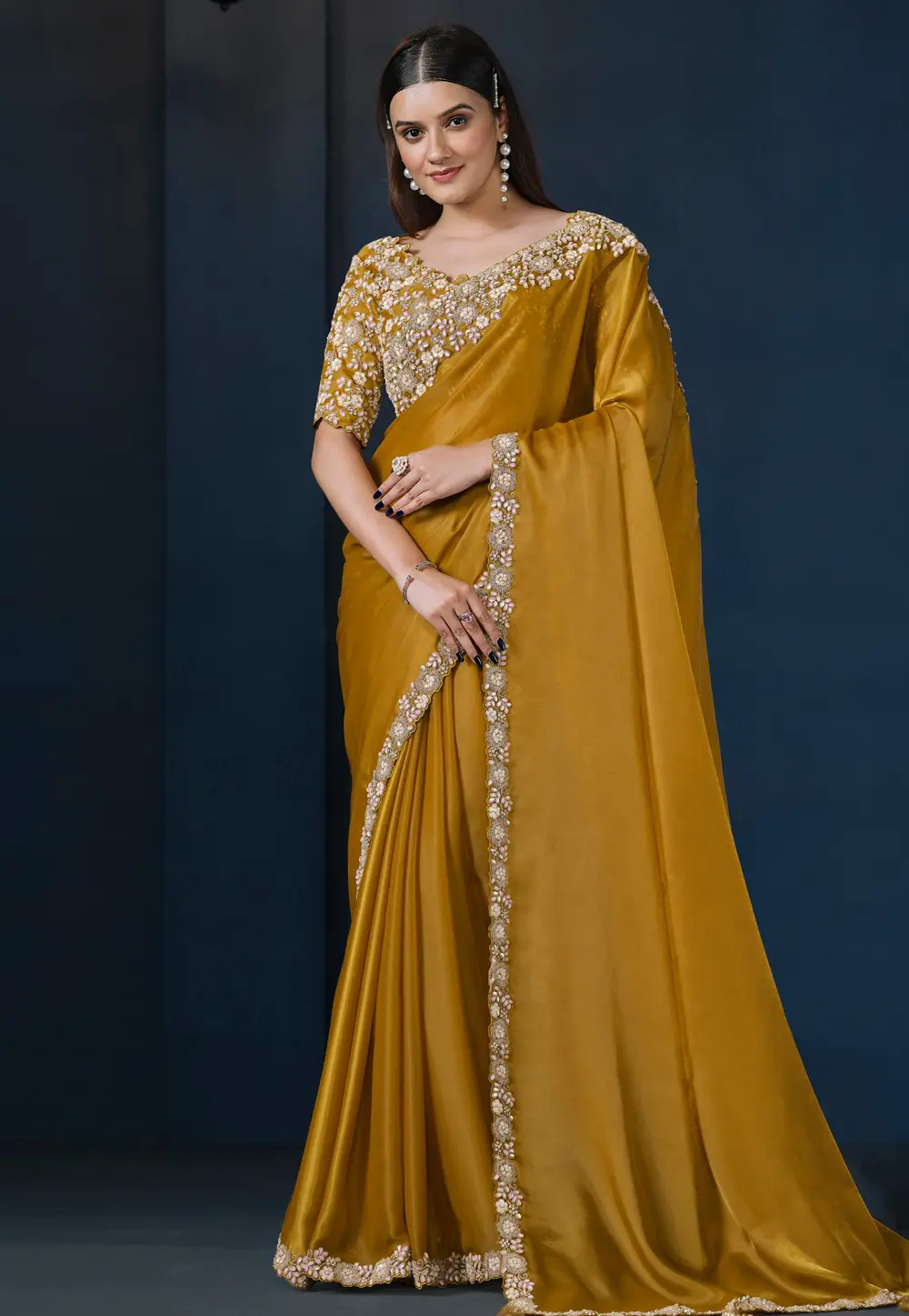 Mustard Crepe Saree With Blouse 296810