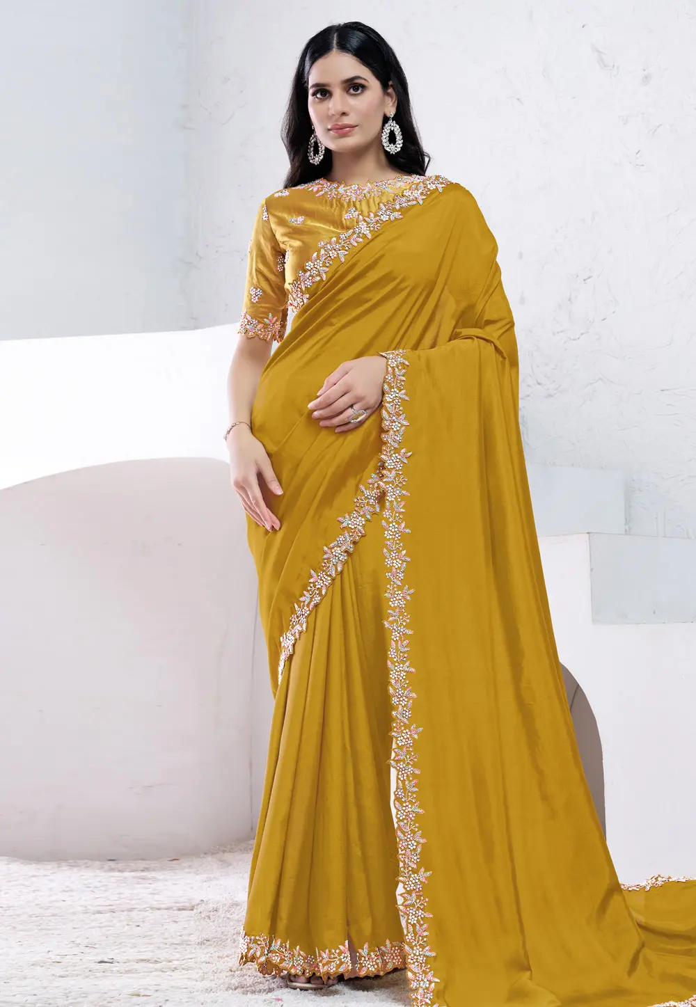 Mustard Crepe Silk Saree With Blouse 301271