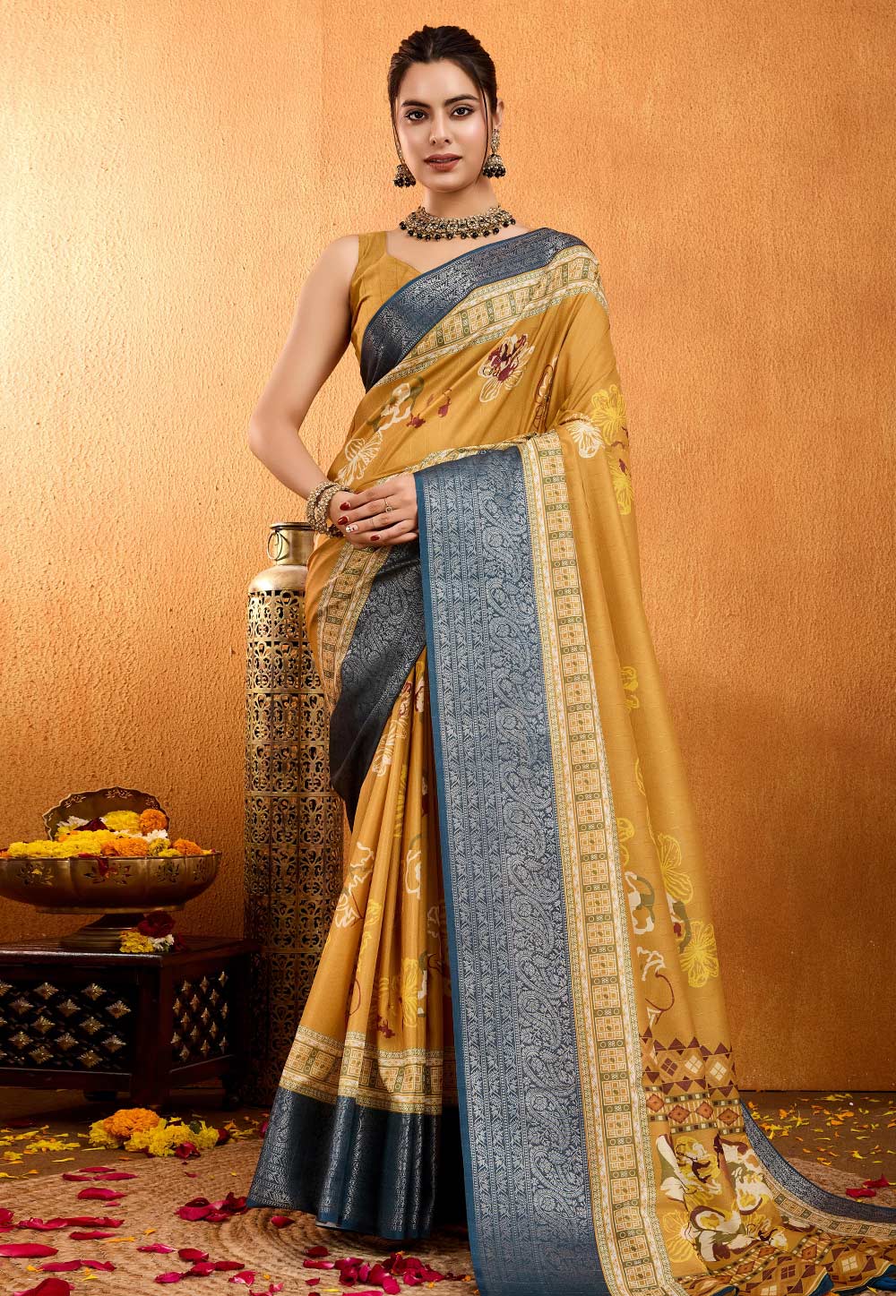 Mustard Crepe Silk Saree With Blouse 306153