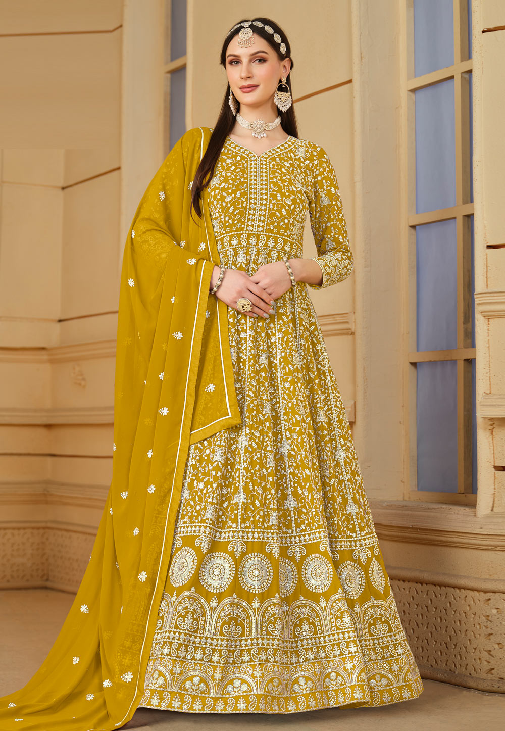Mustard Faux Georgette Embroidered Long Anarkali Suit 282455