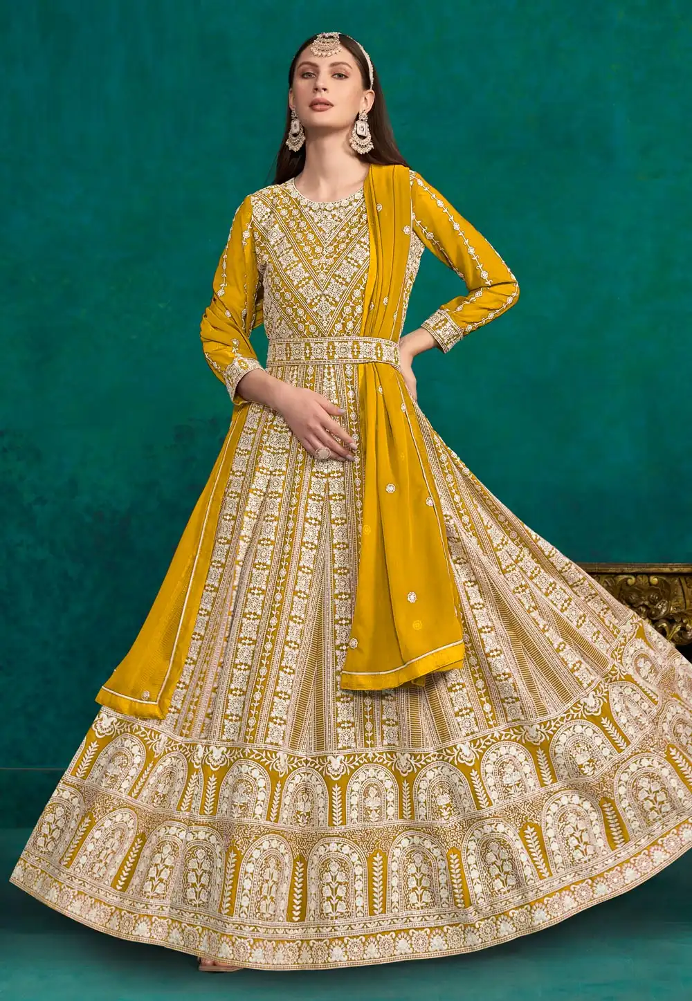 Mustard Faux Georgette Embroidered Long Anarkali Suit 288637