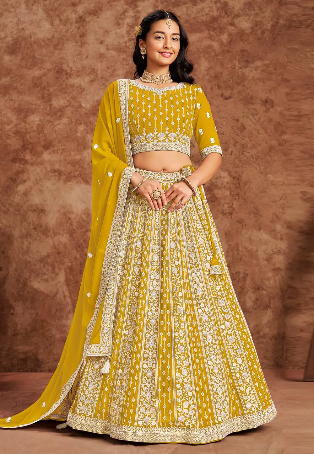 Mustard Faux Georgette Lehenga Choli 302371