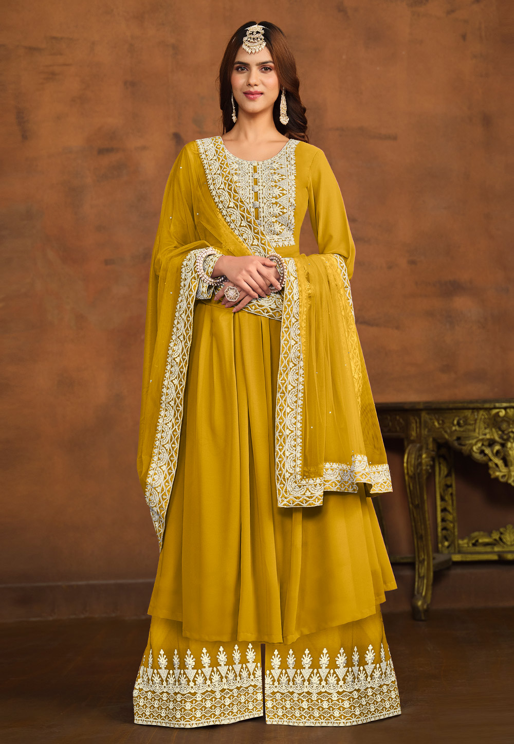 Mustard Faux Georgette Palazzo Suit 281916