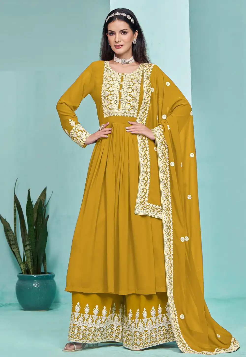 Mustard Faux Georgette Palazzo Suit 293184