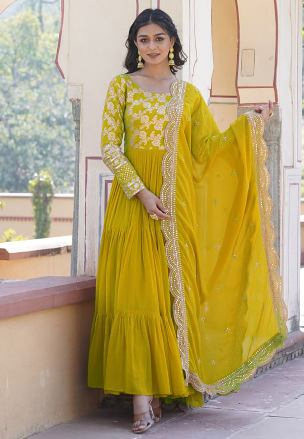 Mustard Faux Georgette Readymade Long Anarkali Suit 284585