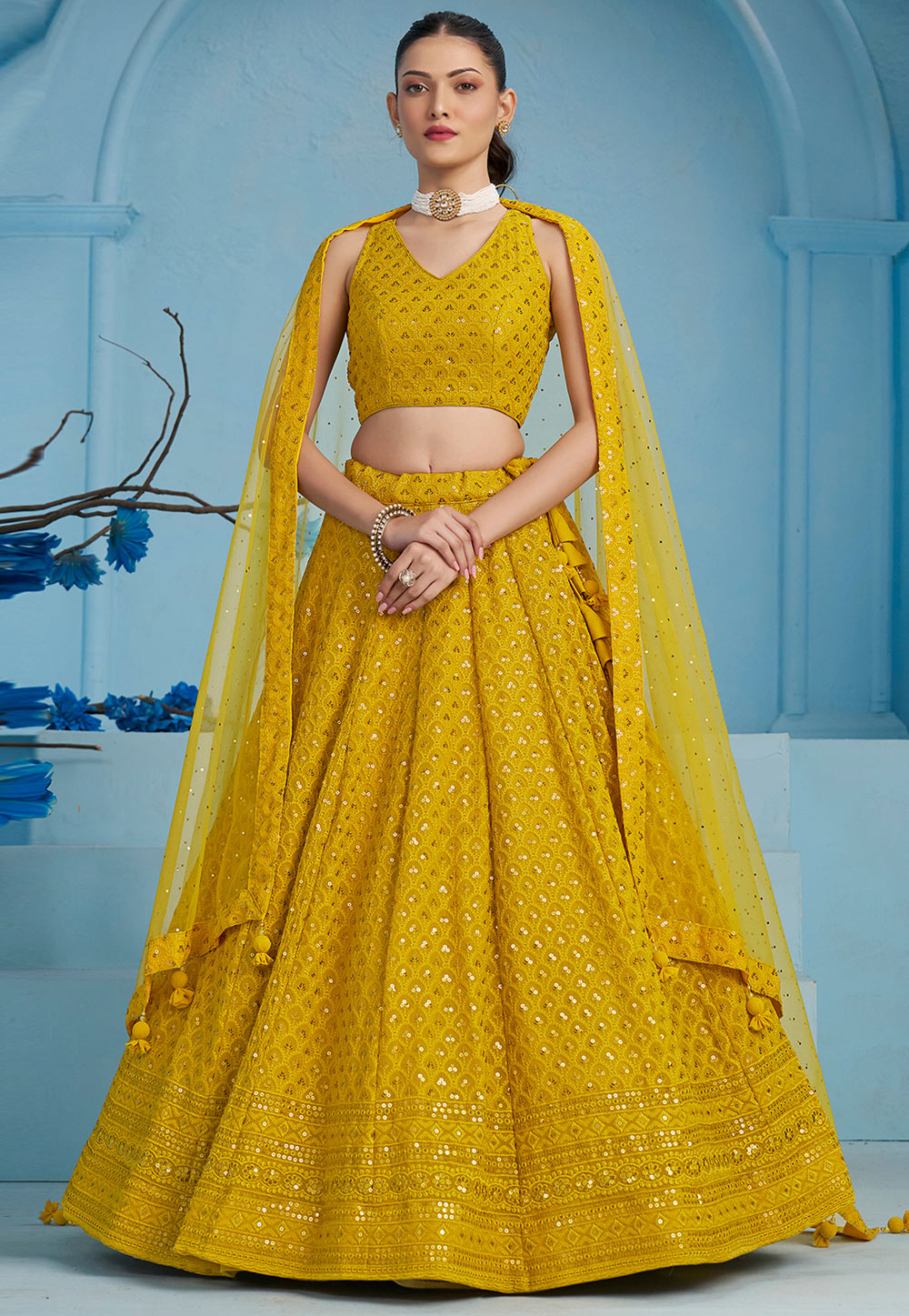 Mustard Georgette Circular Lehenga Choli 310643