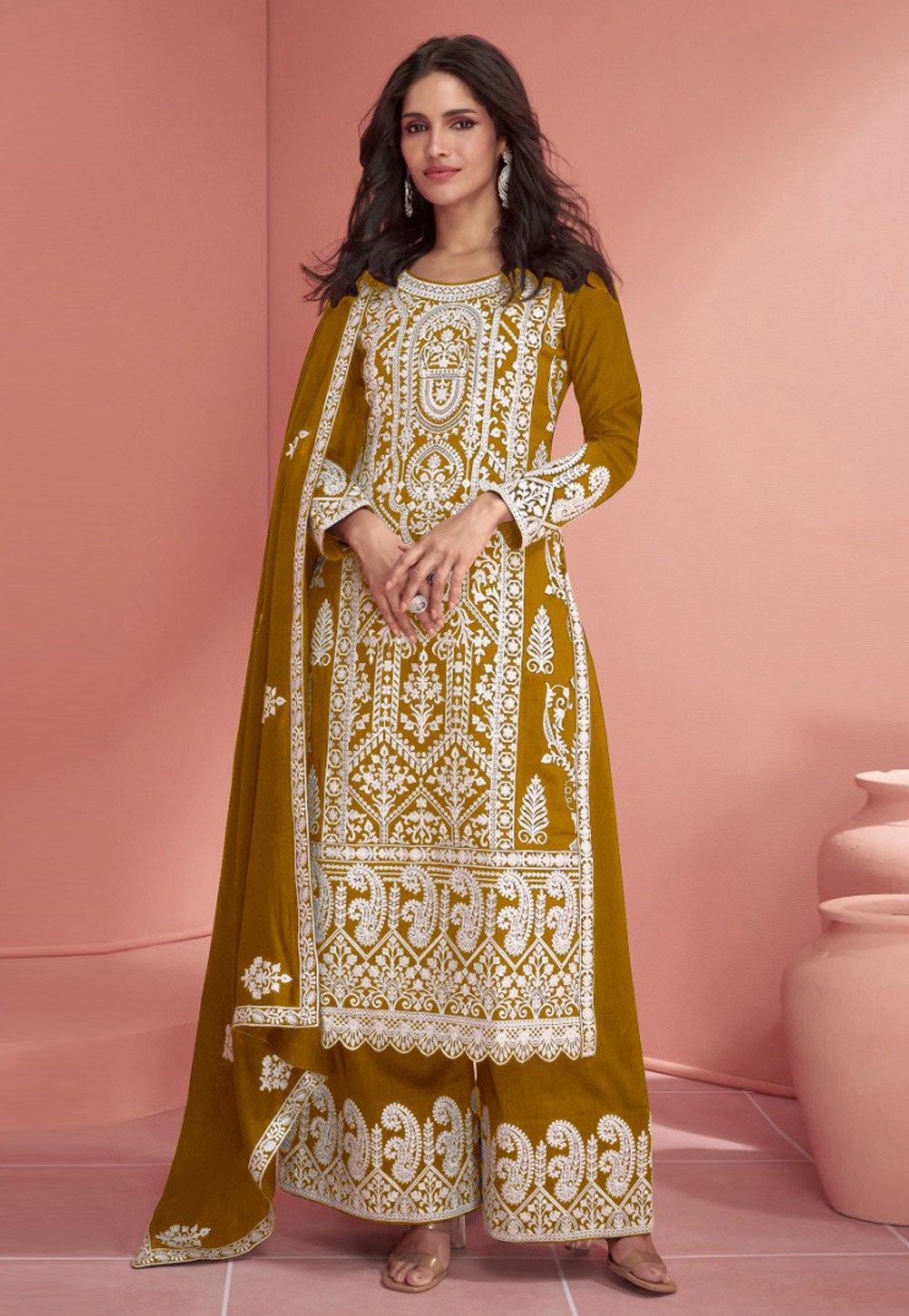 Mustard Georgette Embroidered Palazzo Suit 286539