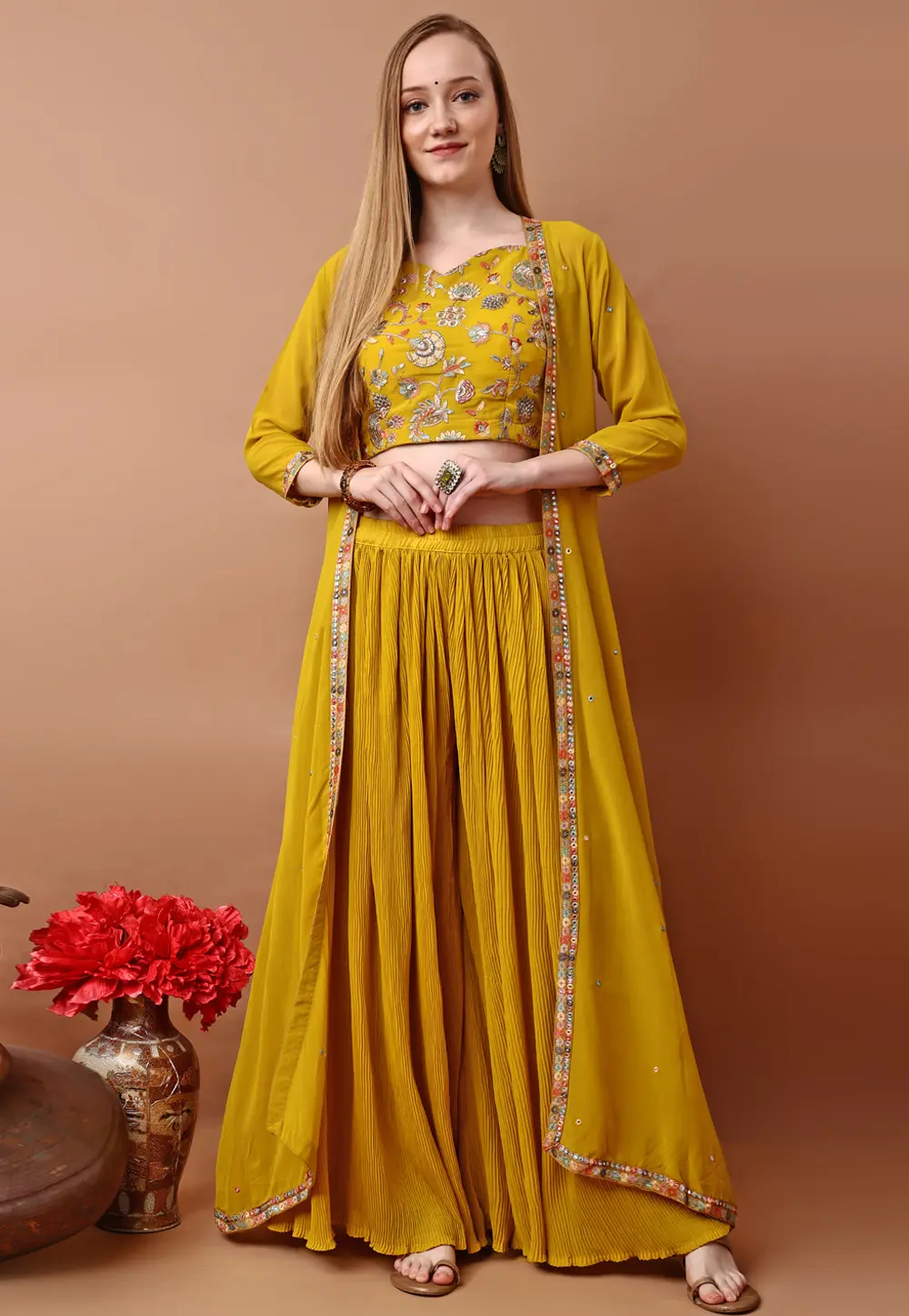 Mustard Georgette Jacket Style Suit 302731