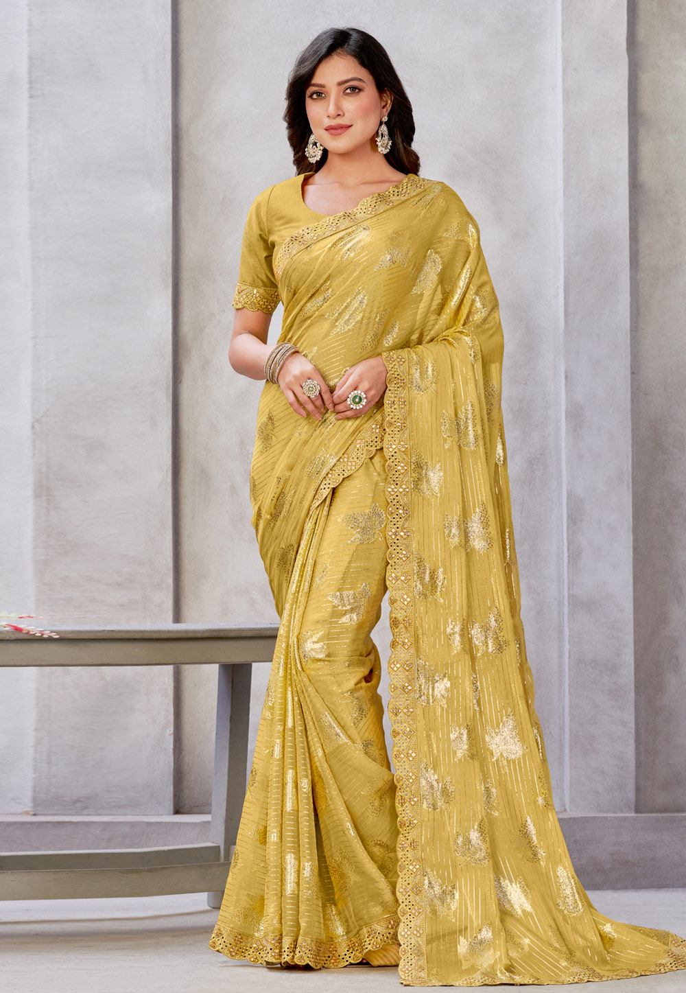 Mustard Georgette Jacquard Saree With Blouse 283600