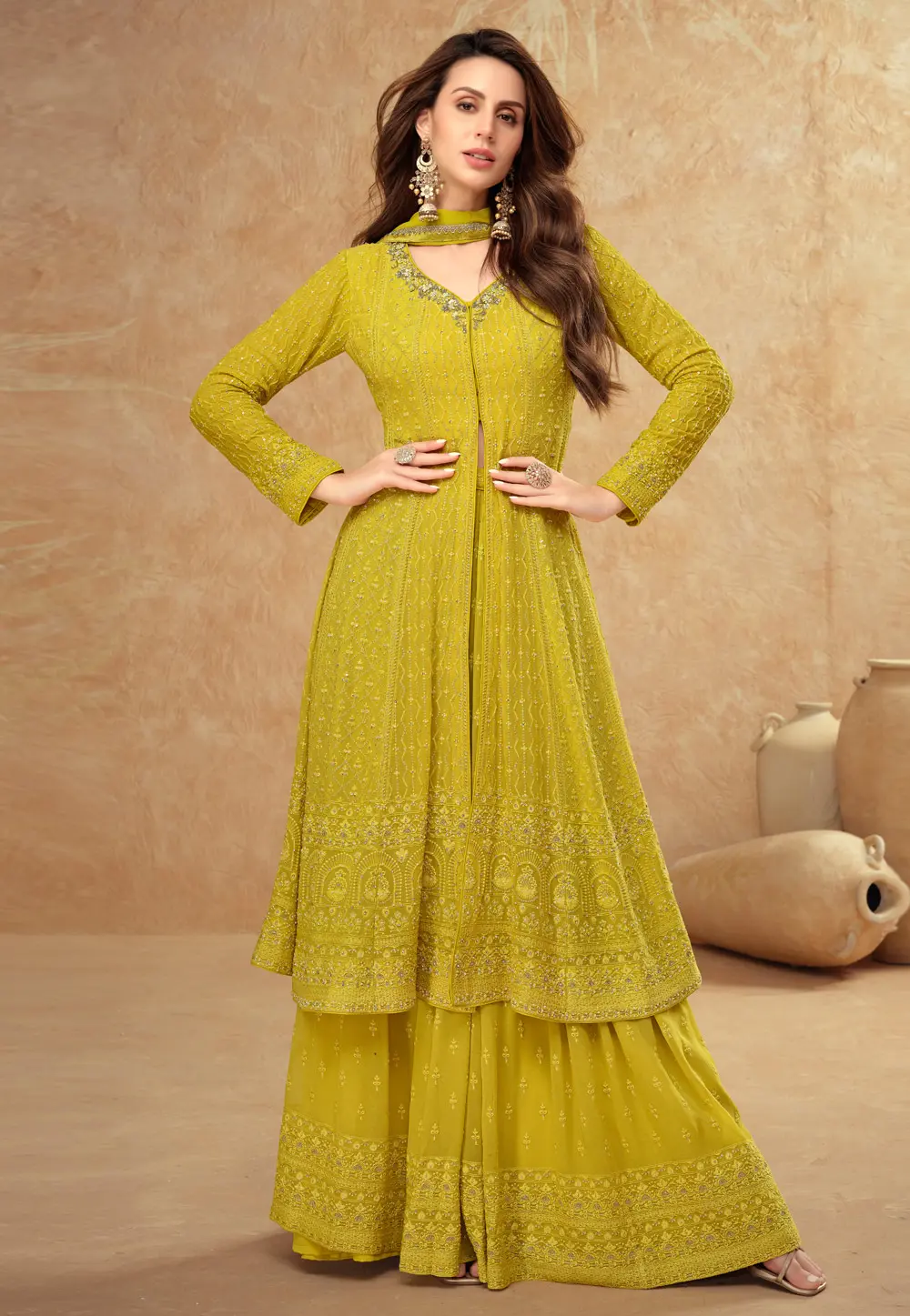 Mustard Georgette Long Choli Lehenga 297269