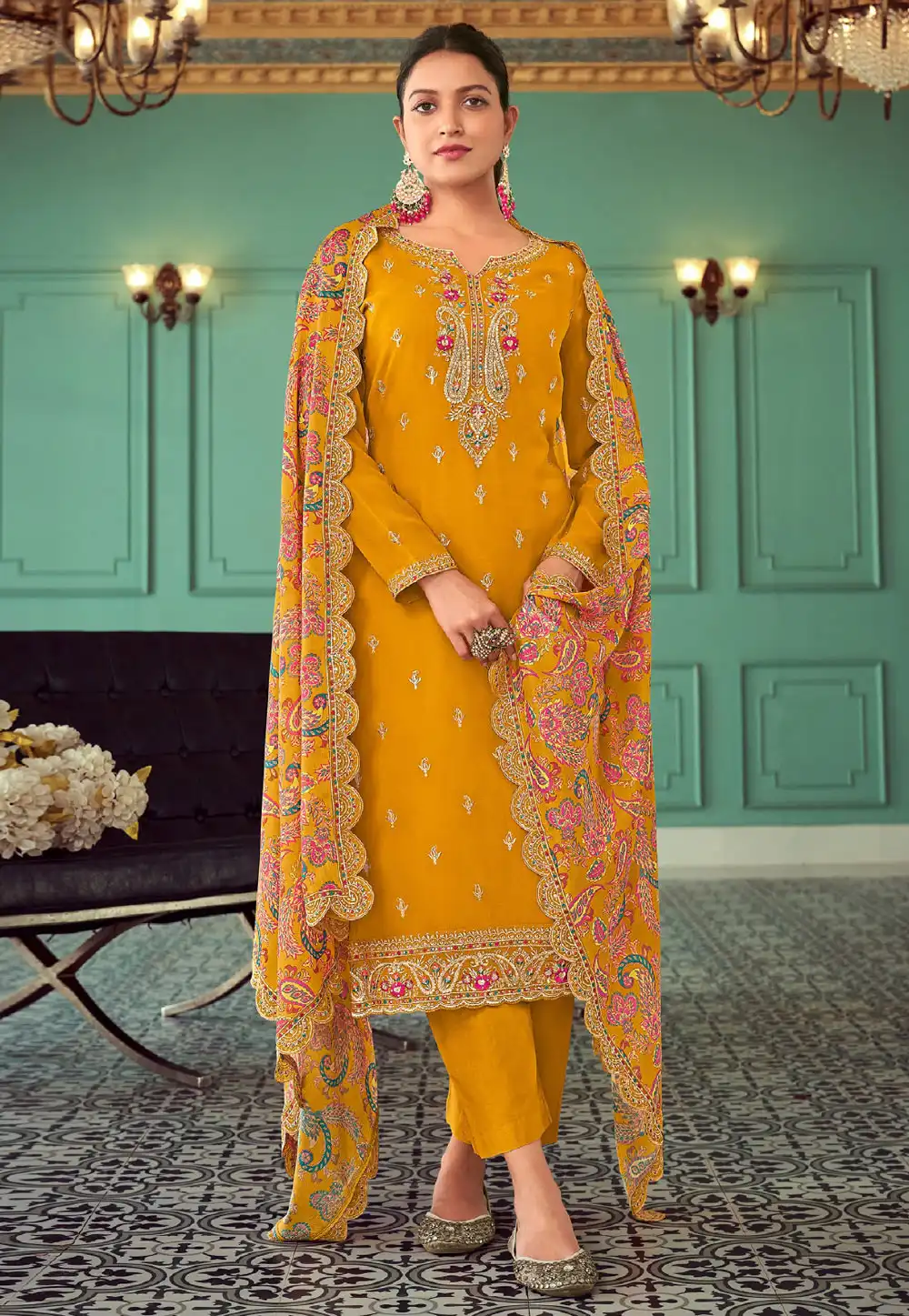 Mustard Georgette Pant Style Suit 291656