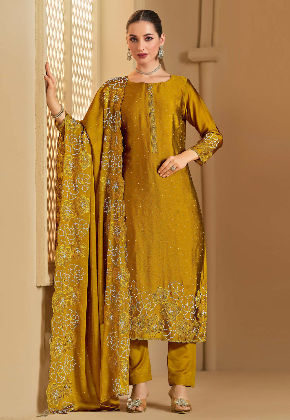 Mustard Georgette Pant Style Suit 310922