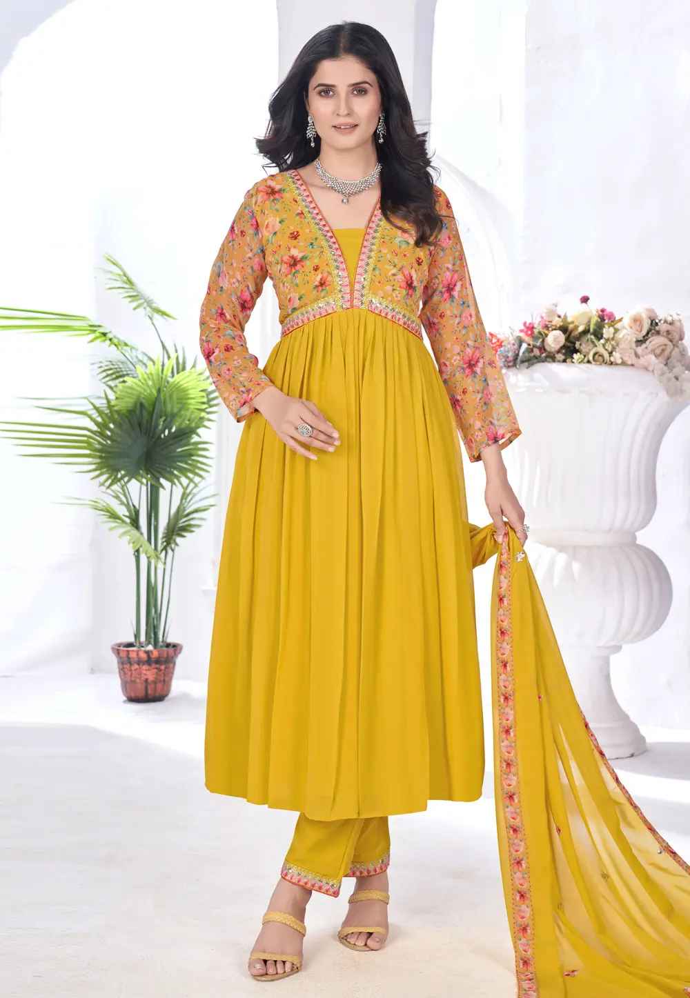 Mustard Georgette Readymade Anarkali Suit 303197