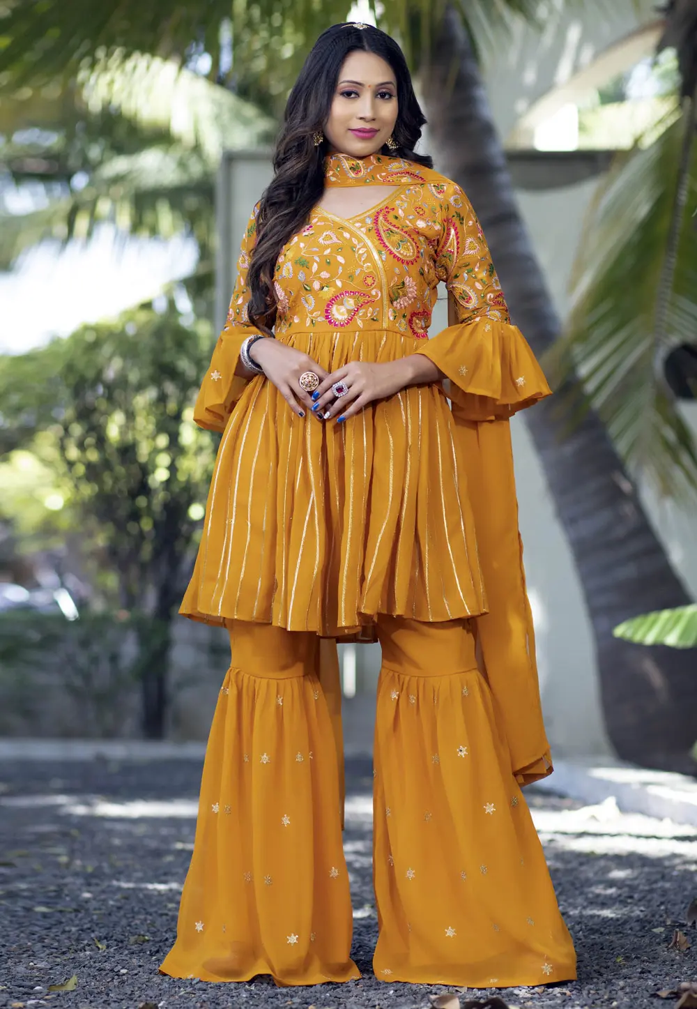 Mustard Georgette Readymade Sharara Suit 297247