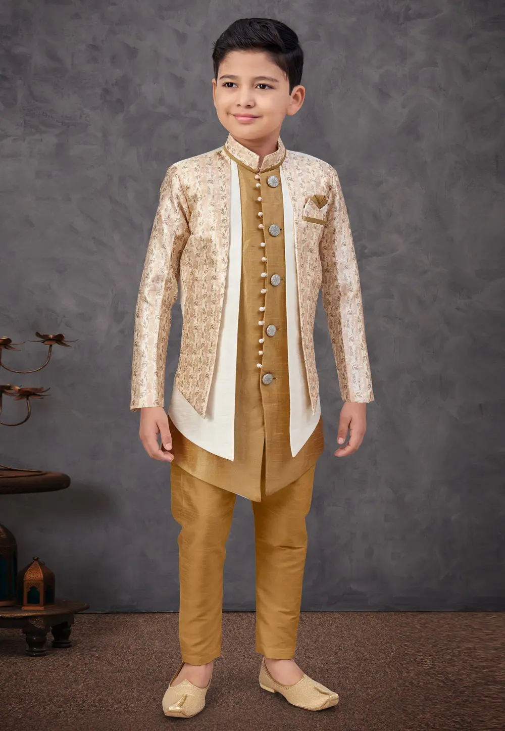 Mustard Jacquard Kids Indo Western Suit 303808