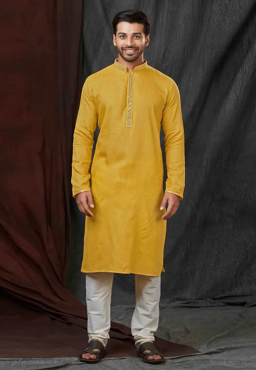 Mustard Jacquard Kurta Pajama 288880