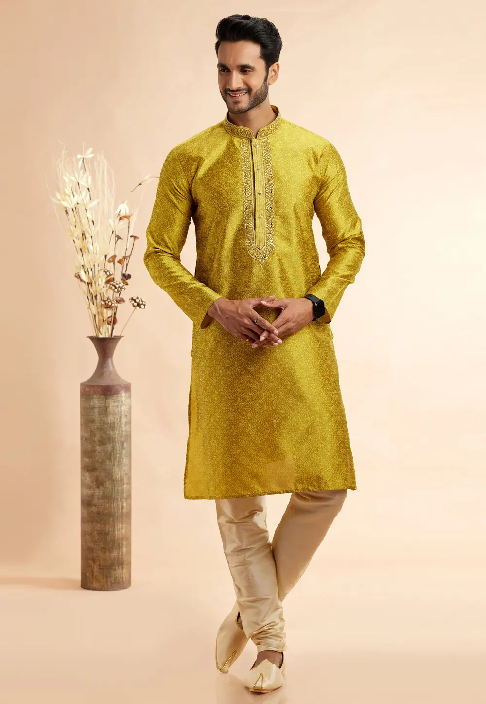 Mustard Jacquard Kurta Pajama 297490