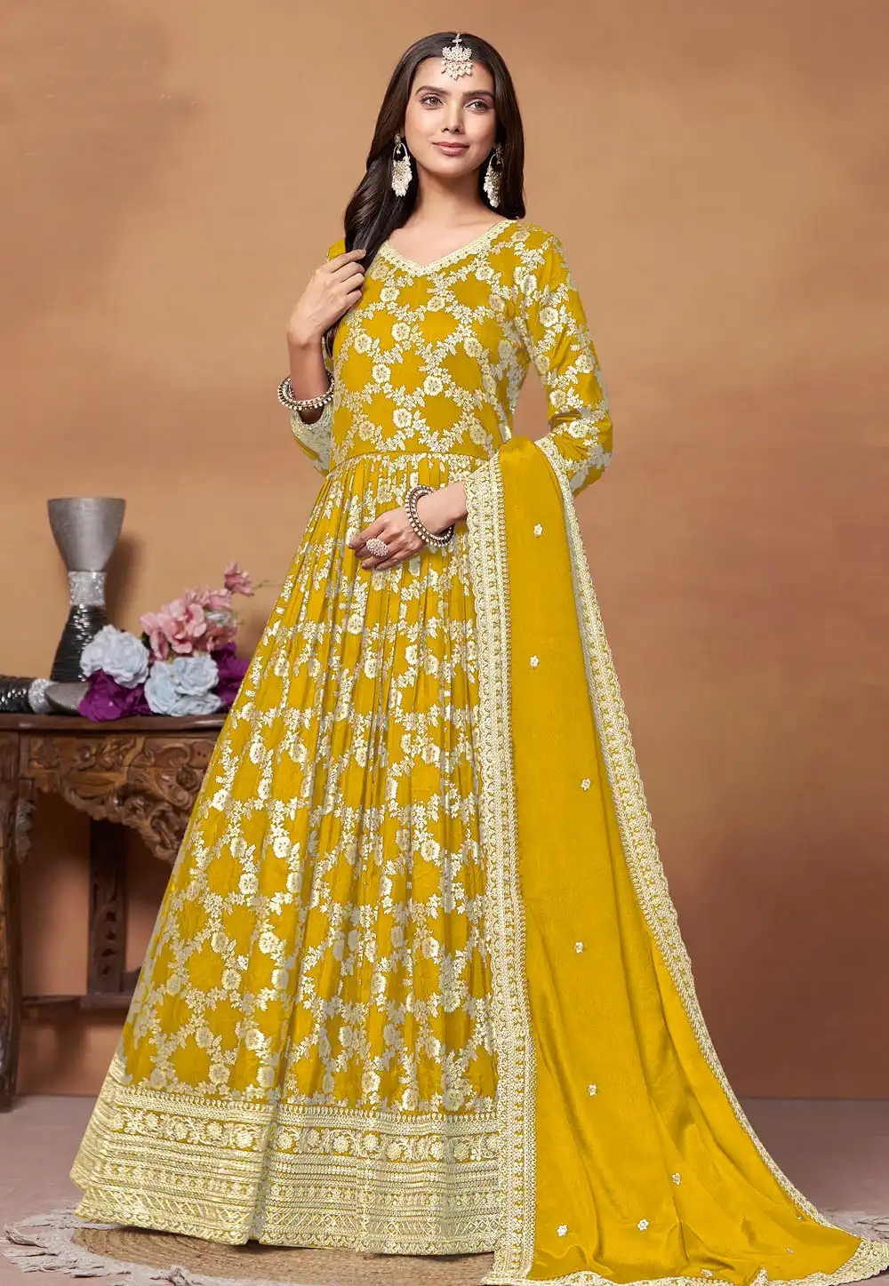 Mustard Jacquard Long Anarkali Suit 288026