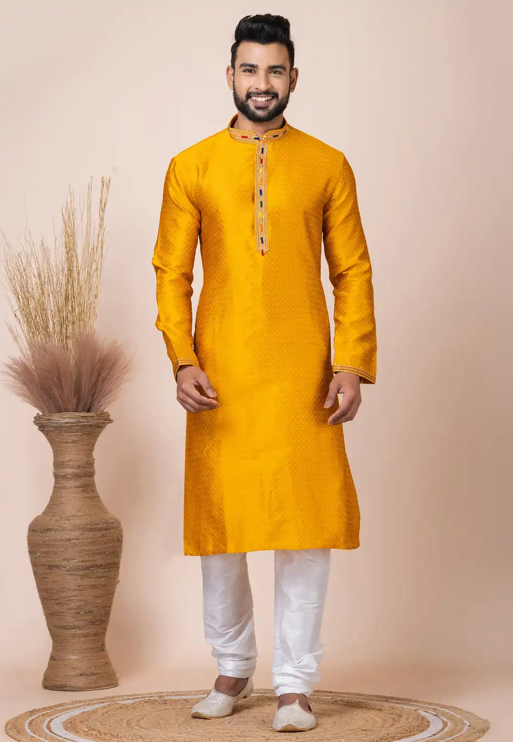 Mustard Jacquard Silk Kurta Pajama 293939