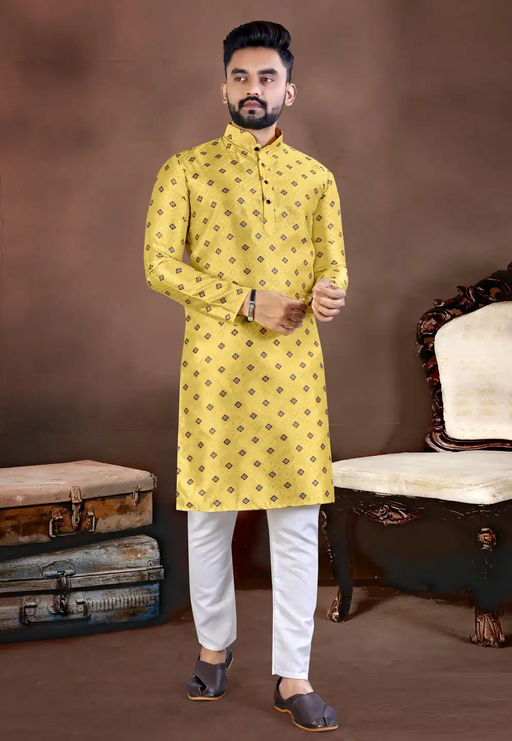 Mustard Jacquard Silk Kurta Pajama 293297