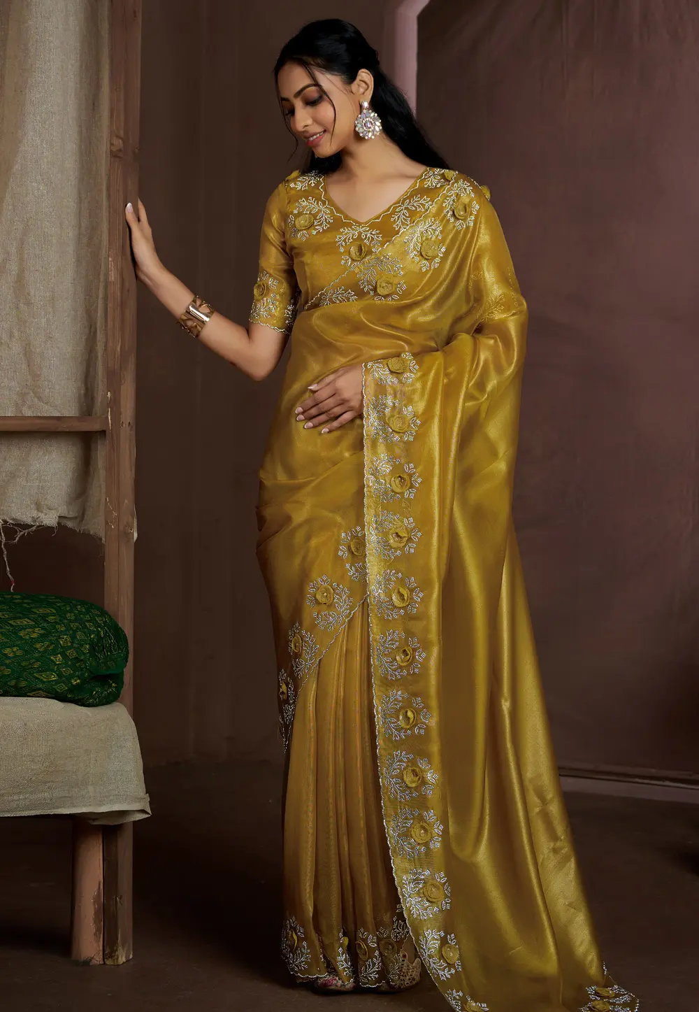 Mustard Jute Silk Saree With Blouse 300826