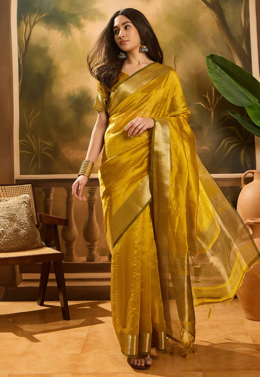 Mustard Khadi Saree With Blouse 309139