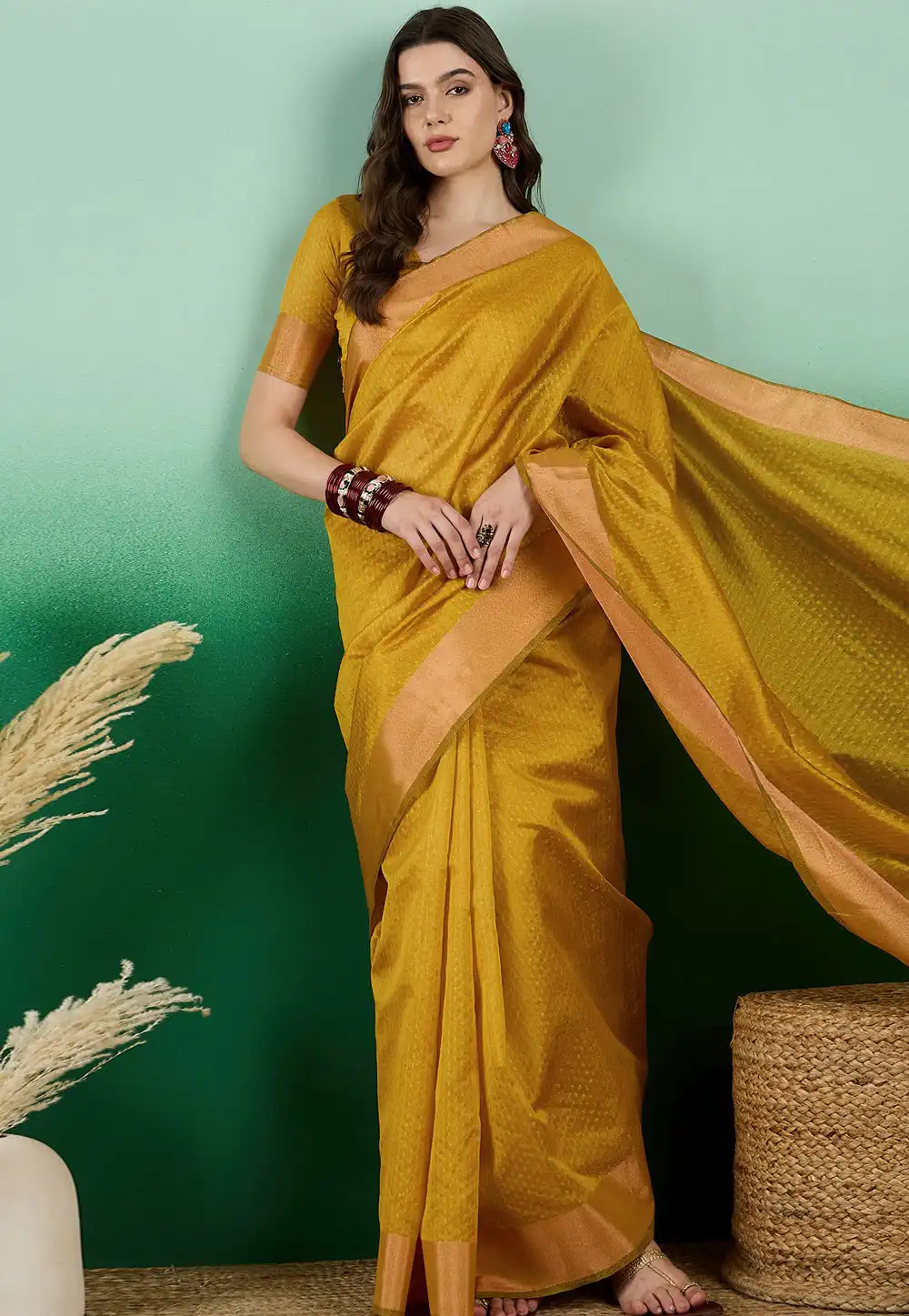 Mustard Khadi Saree With Blouse 290225