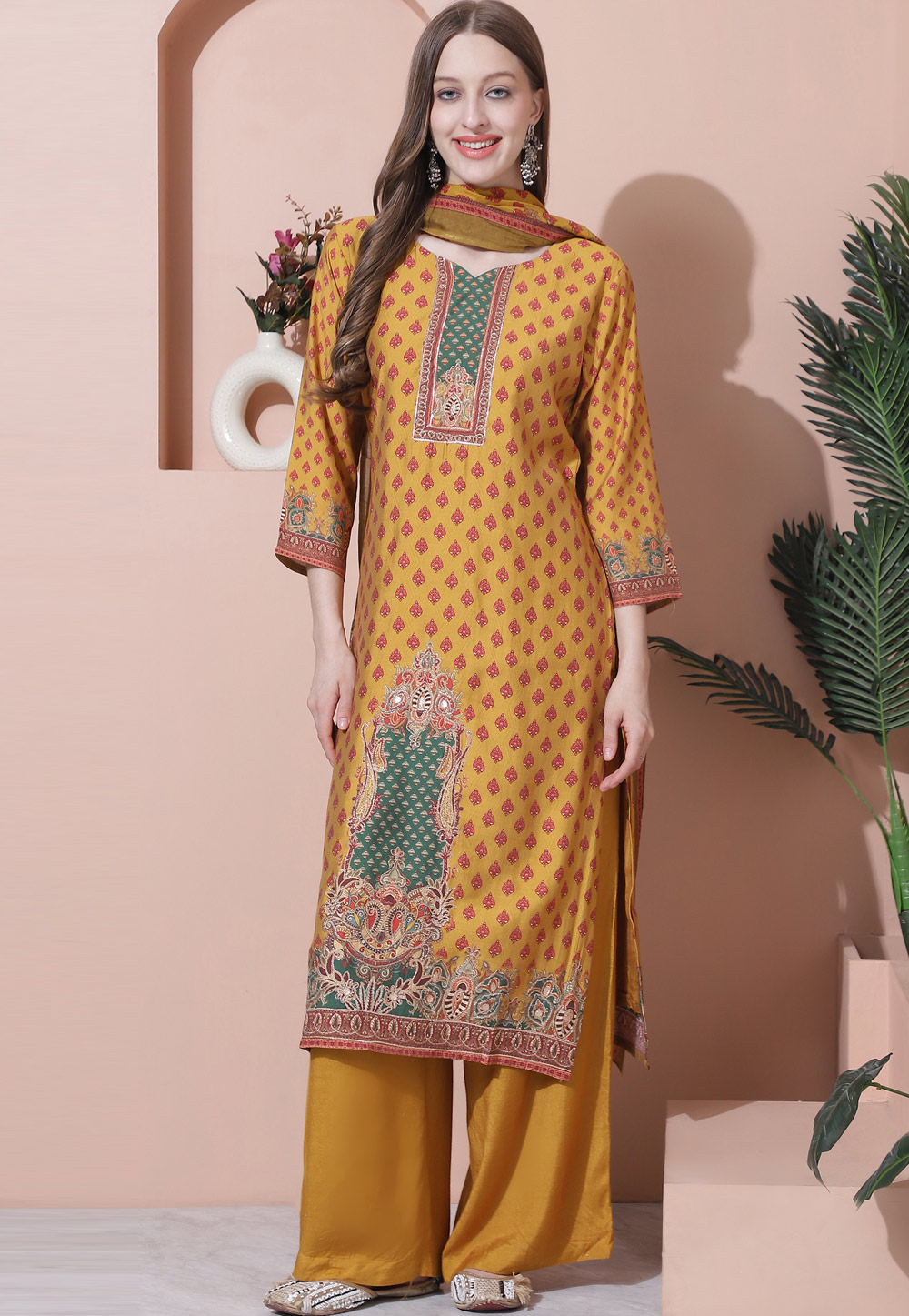 Mustard Muslin Palazzo Suit 310058