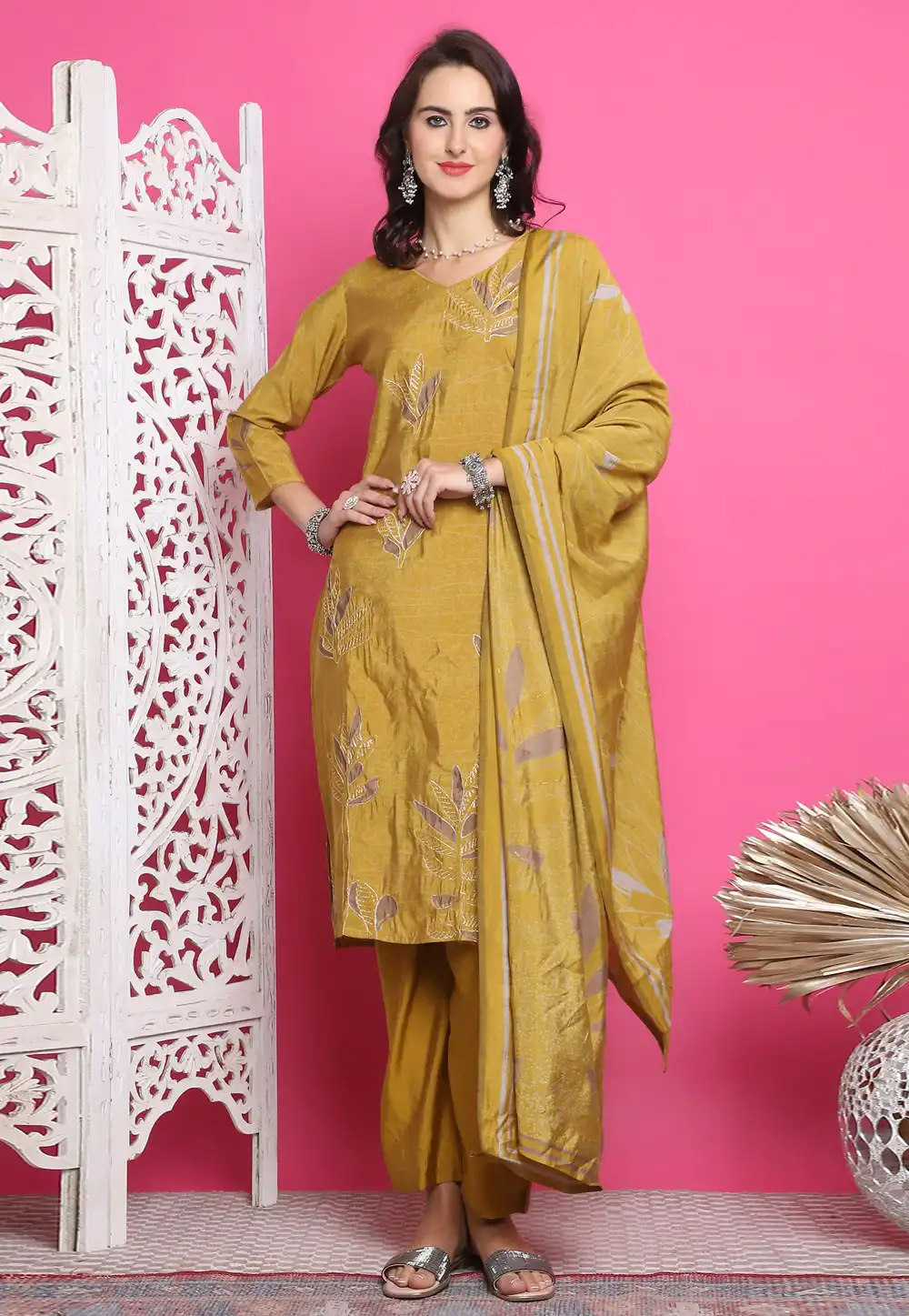 Mustard Muslin Pant Style Suit 293869