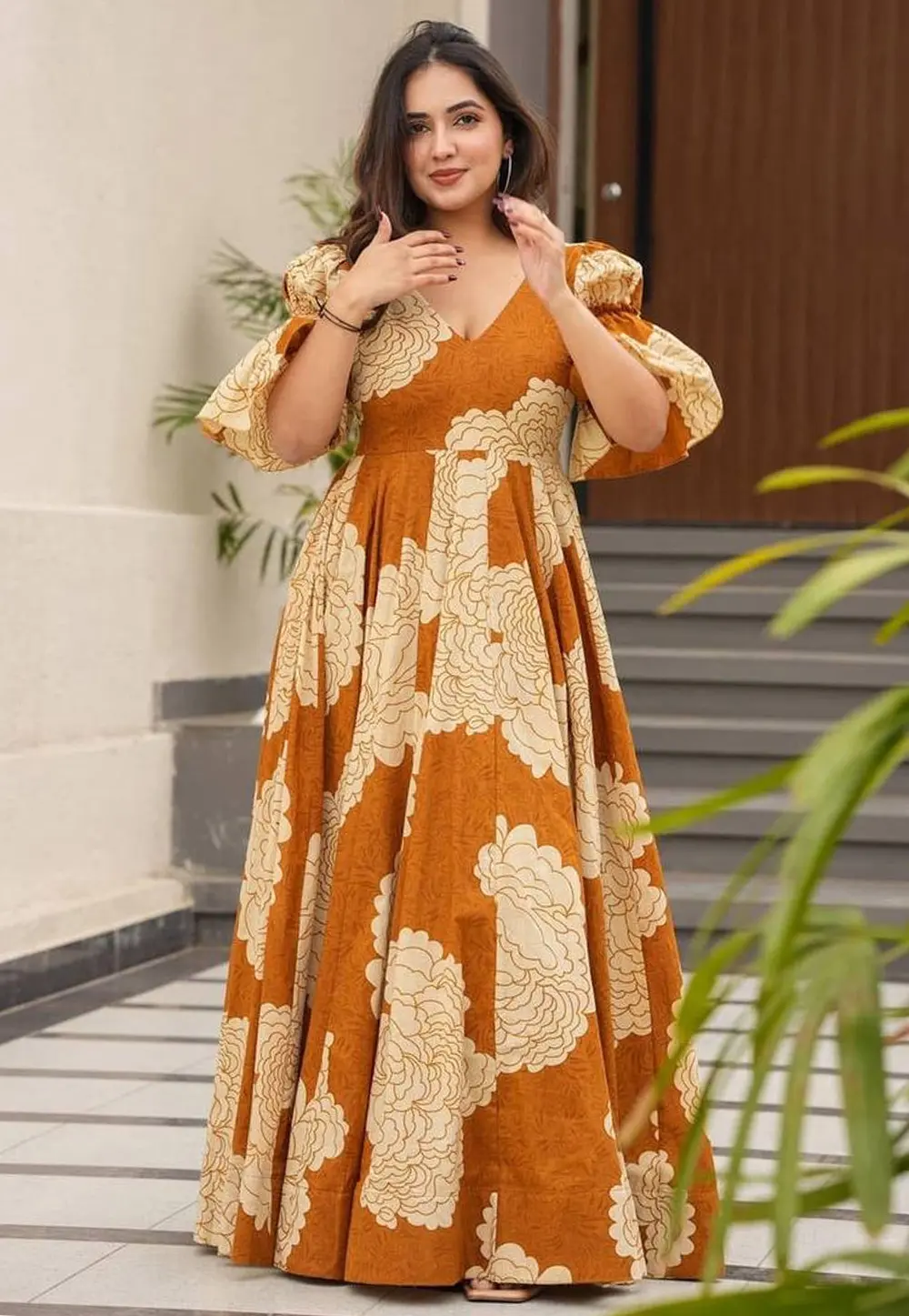 Mustard Muslin Printed Gown 303382