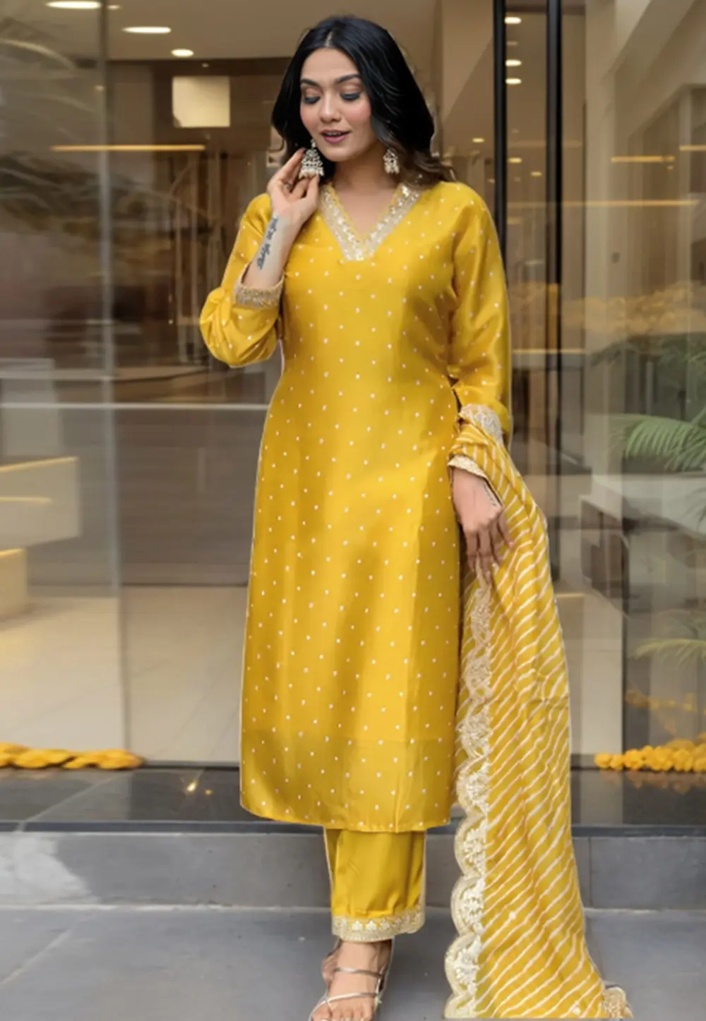 Mustard Muslin Readymade Pant Style Suit 298894