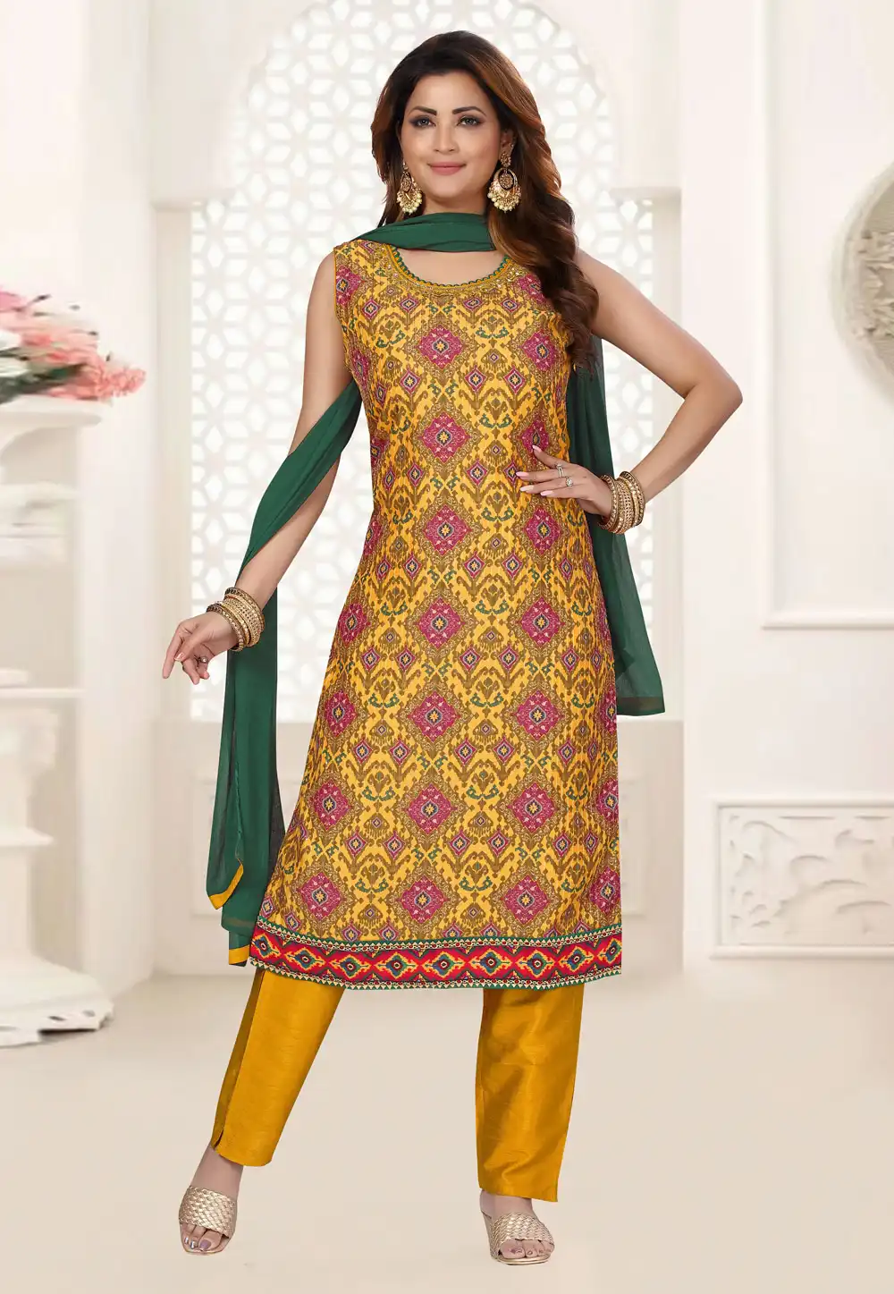 Mustard Muslin Readymade Pant Style Suit 291405