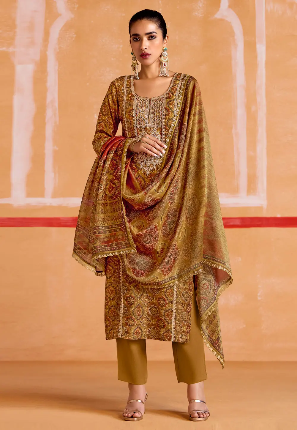 Mustard Muslin Straight Suit 302325