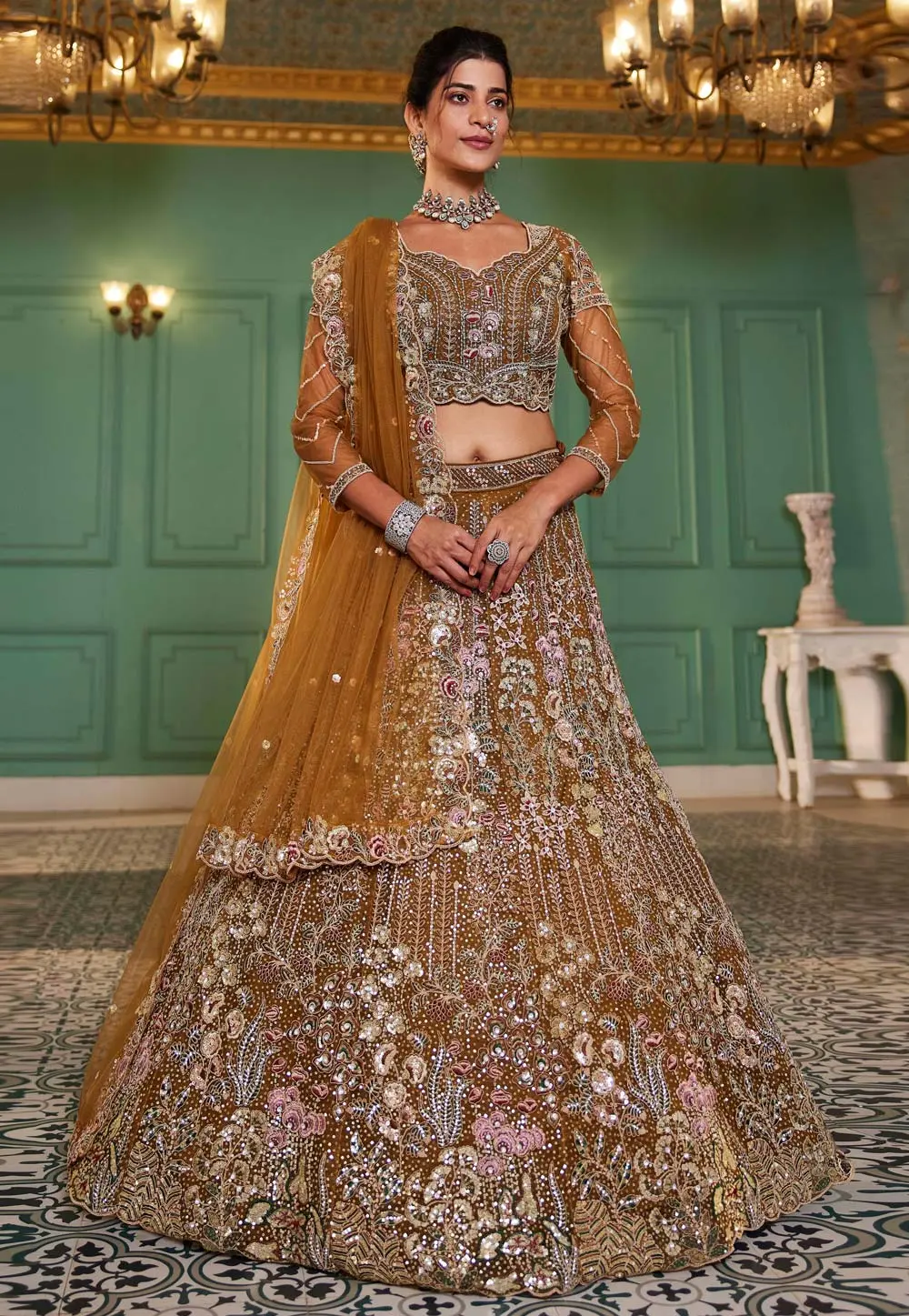 Mustard Net A Line Lehenga Choli 304222